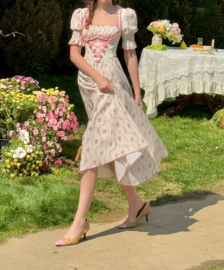 Classical Short Sleeve Ruffles Pink Prom Dress Square Neck Floral A-Line Evening Dress C8650