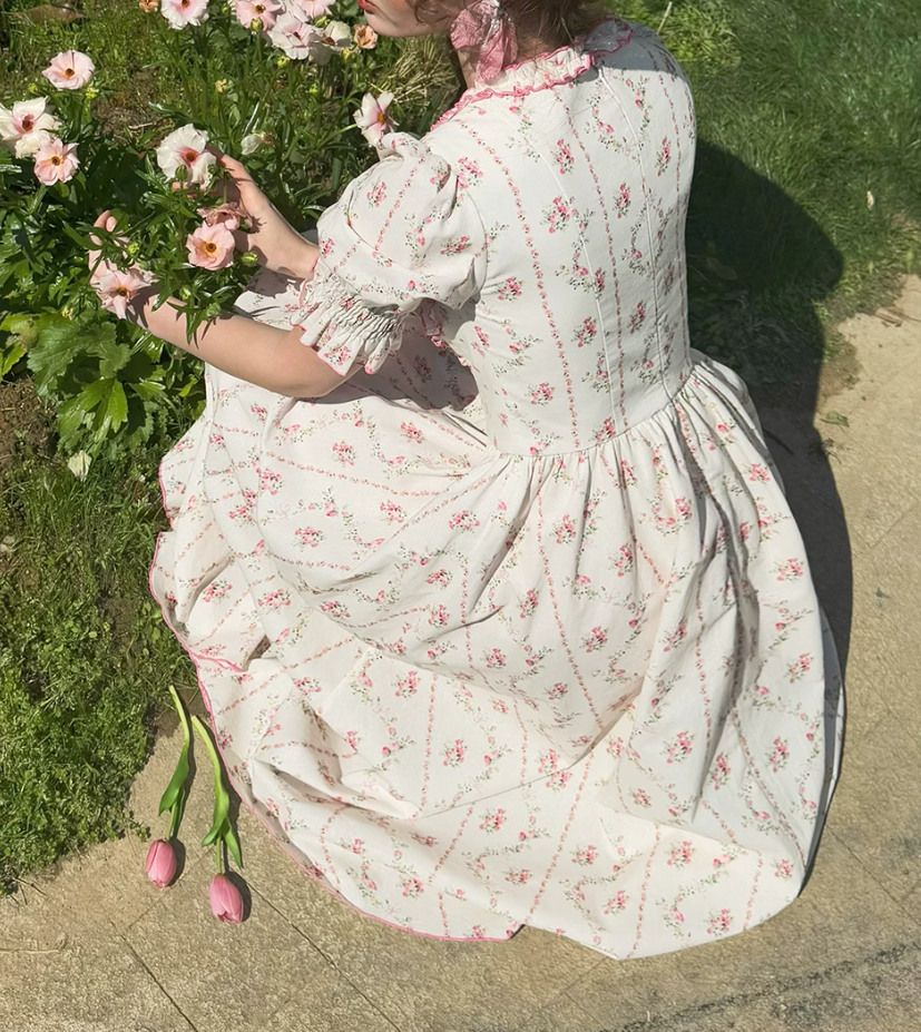 Classical Short Sleeve Ruffles Pink Prom Dress Square Neck Floral A-Line Evening Dress C8650