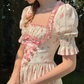 Classical Short Sleeve Ruffles Pink Prom Dress Square Neck Floral A-Line Evening Dress C8650