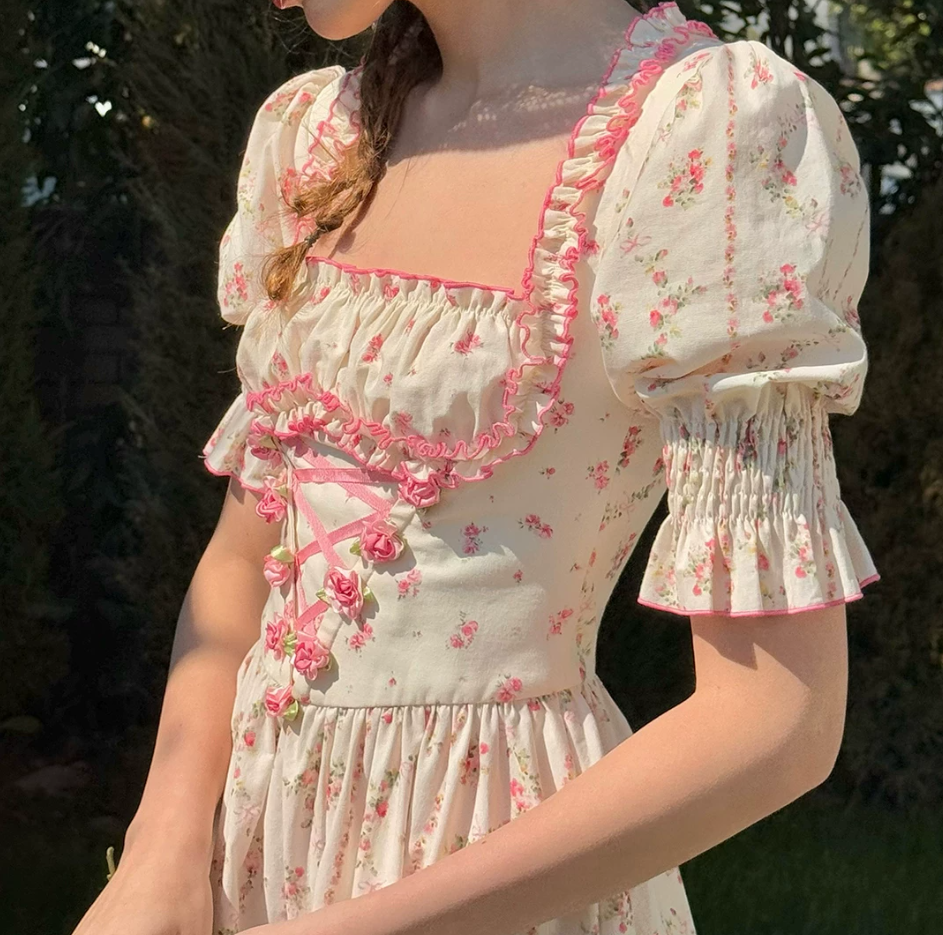 Classical Short Sleeve Ruffles Pink Prom Dress Square Neck Floral A-Line Evening Dress C8650