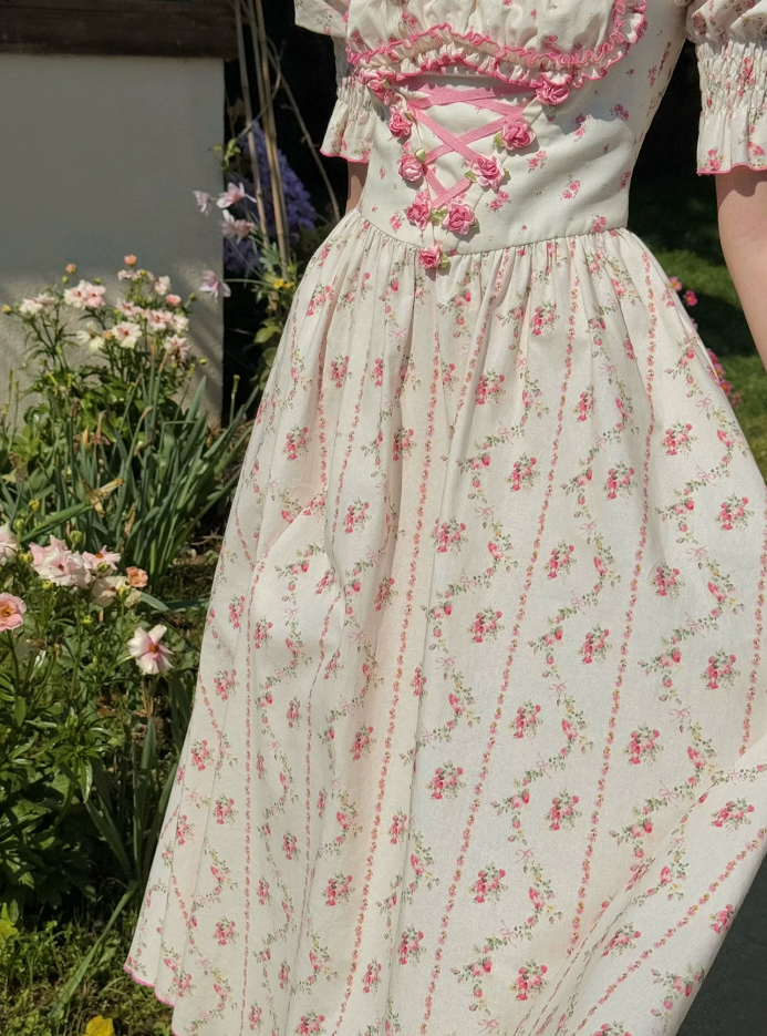 Classical Short Sleeve Ruffles Pink Prom Dress Square Neck Floral A-Line Evening Dress C8650