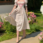 Classical Short Sleeve Ruffles Pink Prom Dress Square Neck Floral A-Line Evening Dress C8650