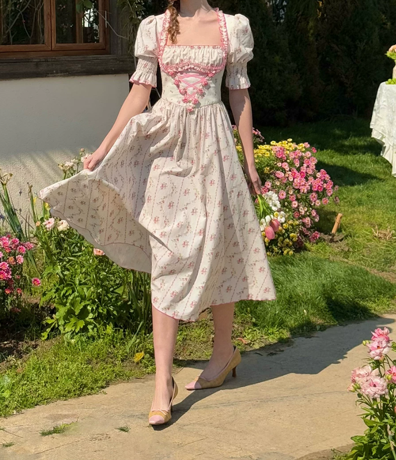 Classical Short Sleeve Ruffles Pink Prom Dress Square Neck Floral A-Line Evening Dress C8650