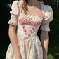 Classical Short Sleeve Ruffles Pink Prom Dress Square Neck Floral A-Line Evening Dress C8650