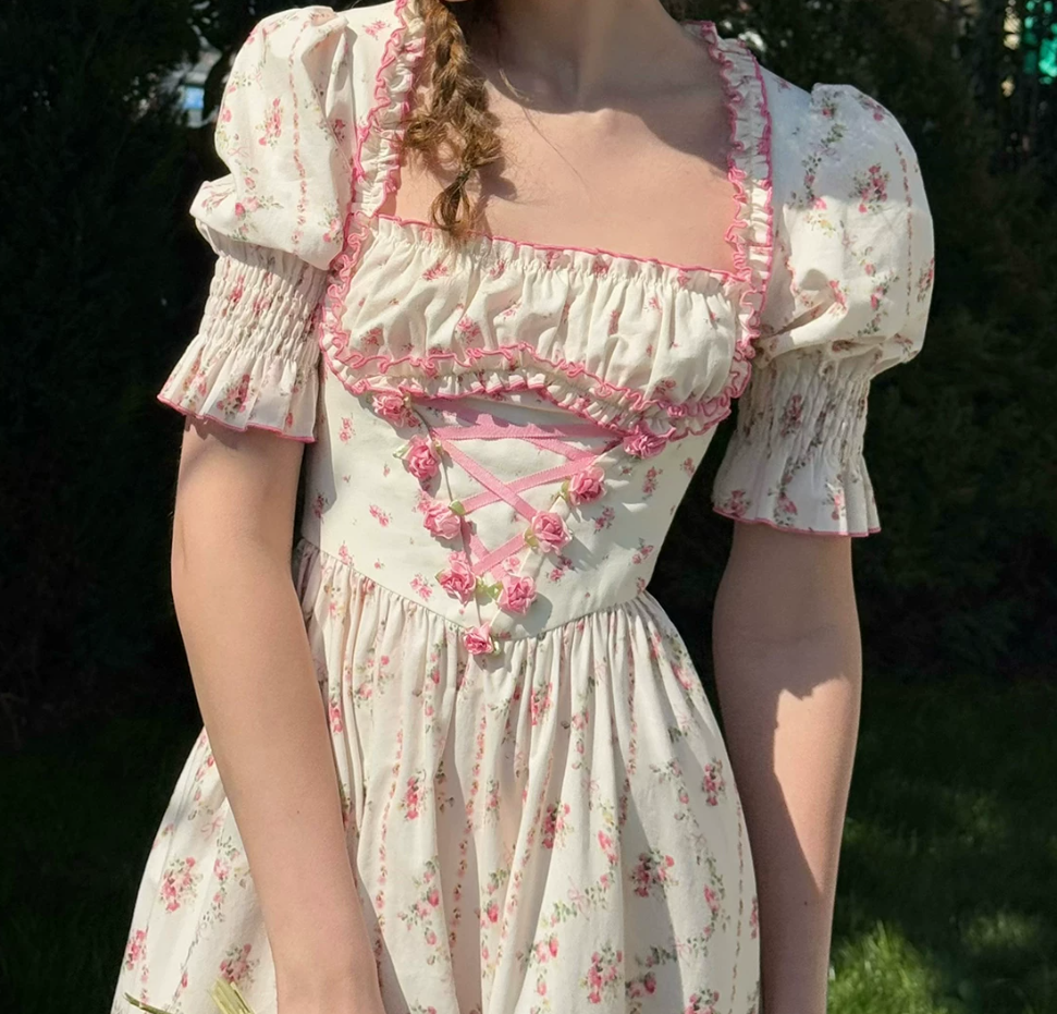 Classical Short Sleeve Ruffles Pink Prom Dress Square Neck Floral A-Line Evening Dress C8650
