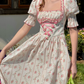 Classical Short Sleeve Ruffles Pink Prom Dress Square Neck Floral A-Line Evening Dress C8650
