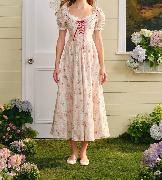 Sweet Short Sleeve Pink Prom Dress Floral Lace A-Line Evening Dress C8652
