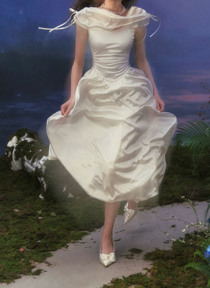 Charming Ruched Collar White Prom Dress Satin A-Line Evening Dress C8655