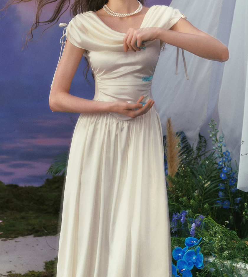 Charming Ruched Collar White Prom Dress Satin A-Line Evening Dress C8655