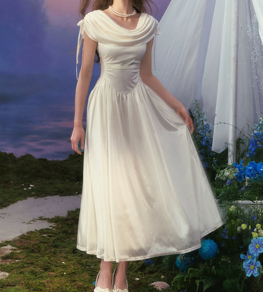Charming Ruched Collar White Prom Dress Satin A-Line Evening Dress C8655