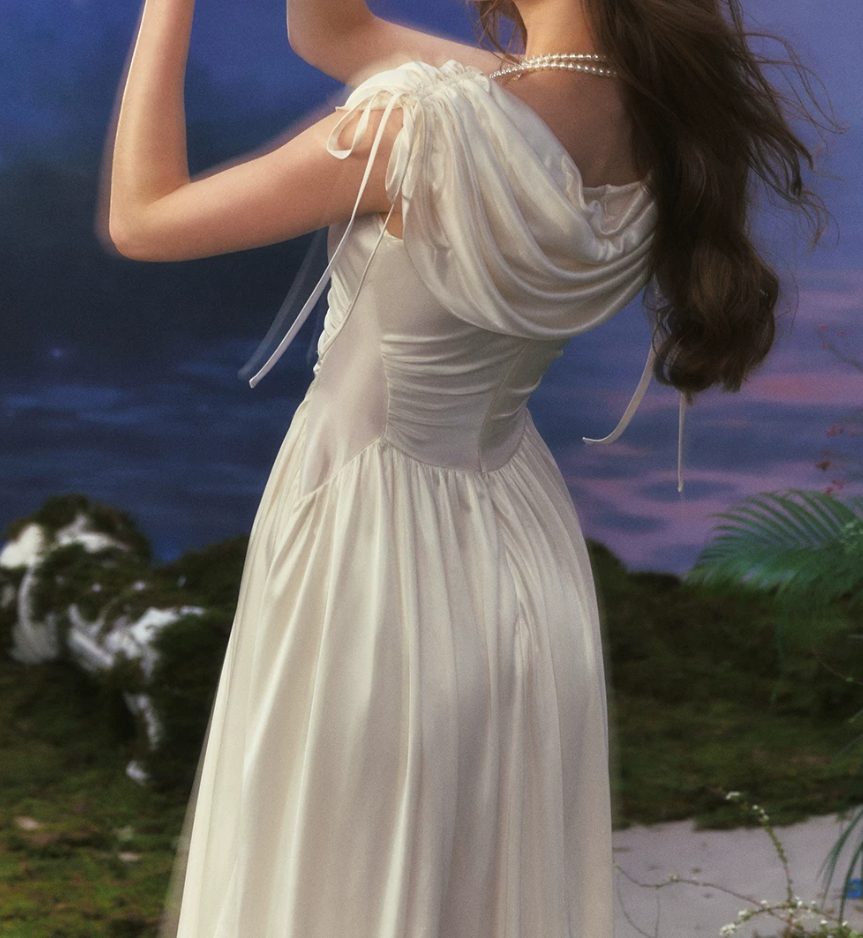 Charming Ruched Collar White Prom Dress Satin A-Line Evening Dress C8655