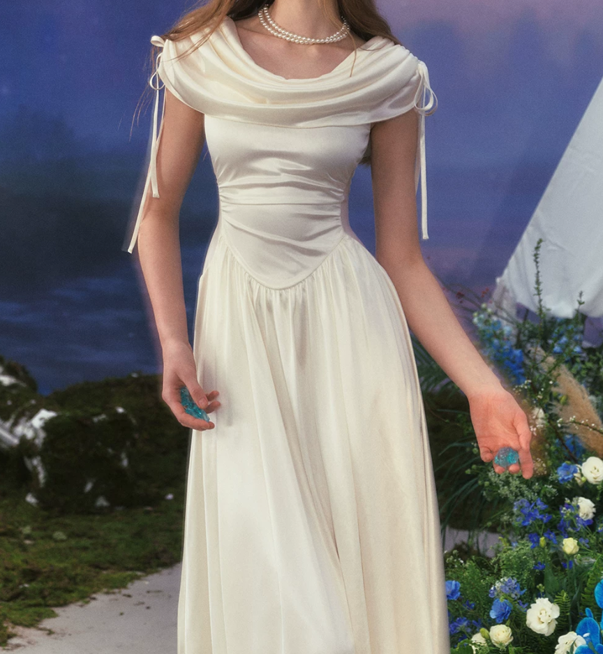 Charming Ruched Collar White Prom Dress Satin A-Line Evening Dress C8655