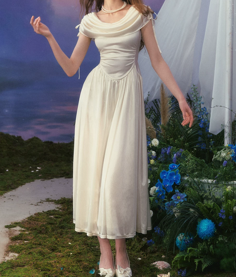 Charming Ruched Collar White Prom Dress Satin A-Line Evening Dress C8655
