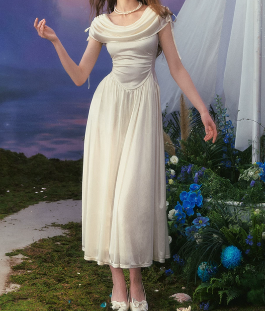 Charming Ruched Collar White Prom Dress Satin A-Line Evening Dress C8655