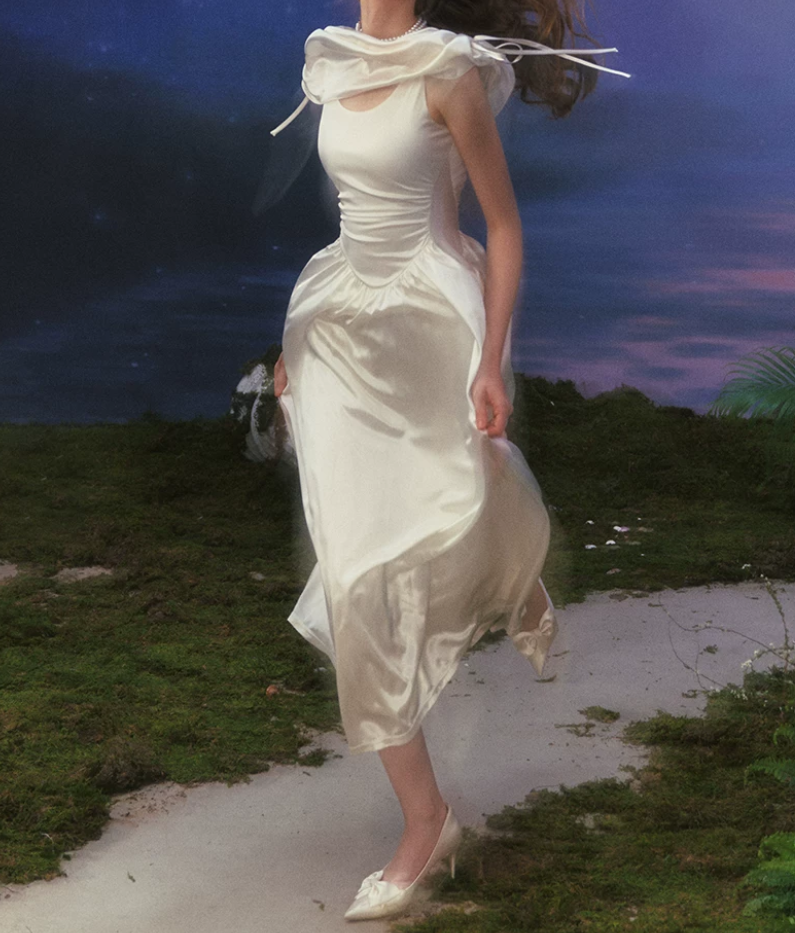 Charming Ruched Collar White Prom Dress Satin A-Line Evening Dress C8655