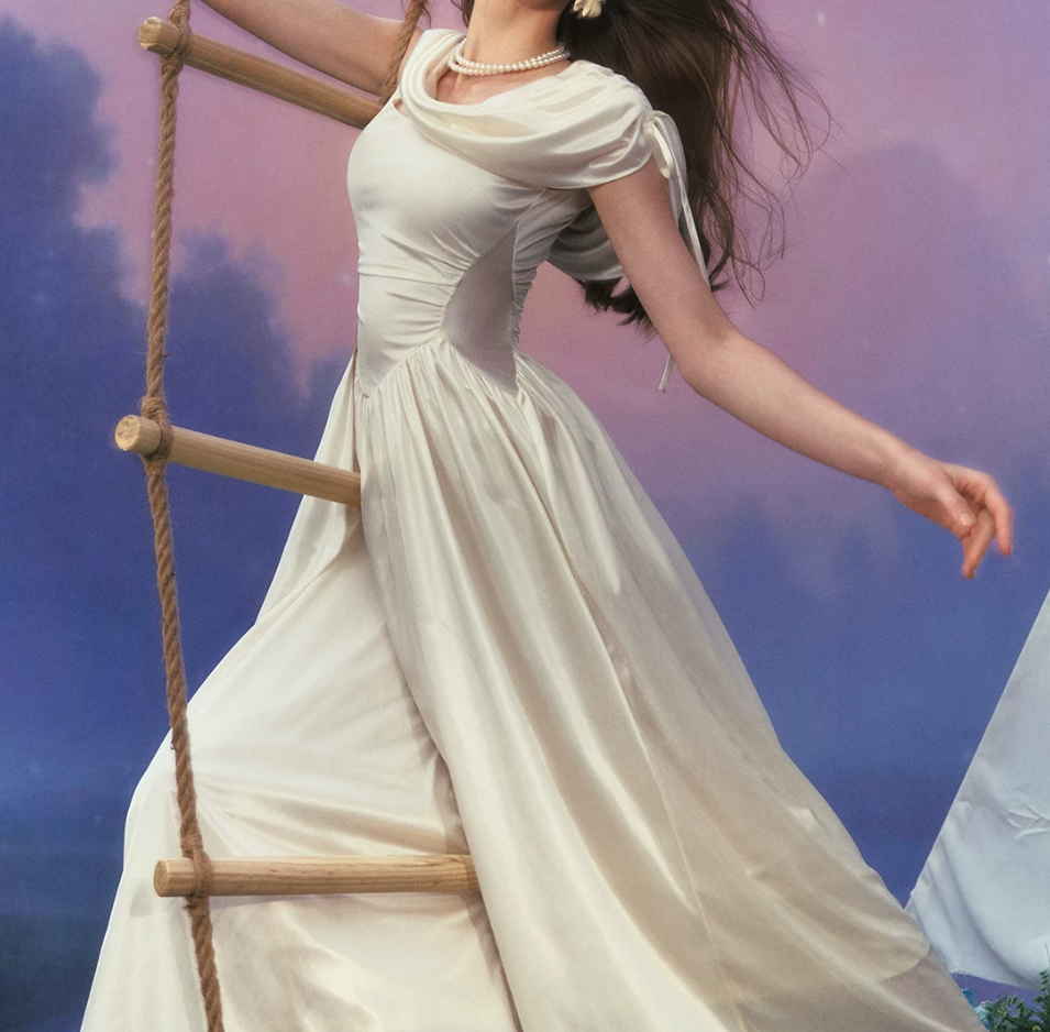 Charming Ruched Collar White Prom Dress Satin A-Line Evening Dress C8655