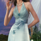 Chic Halter Neck Blue Prom Dress Satin Appliques A-Line Evening Dress C8656