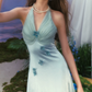Chic Halter Neck Blue Prom Dress Satin Appliques A-Line Evening Dress C8656