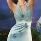 Chic Halter Neck Blue Prom Dress Satin Appliques A-Line Evening Dress C8656