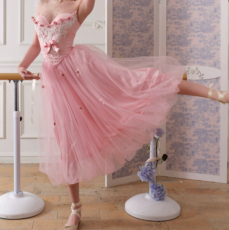 Adorable Strapless Pink Prom Dress Appliqeus Tulle A-Line Evening Dress C8657