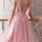 Adorable Strapless Pink Prom Dress Appliqeus Tulle A-Line Evening Dress C8657