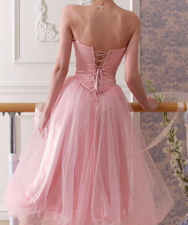Adorable Strapless Pink Prom Dress Appliqeus Tulle A-Line Evening Dress C8657