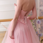 Adorable Strapless Pink Prom Dress Appliqeus Tulle A-Line Evening Dress C8657