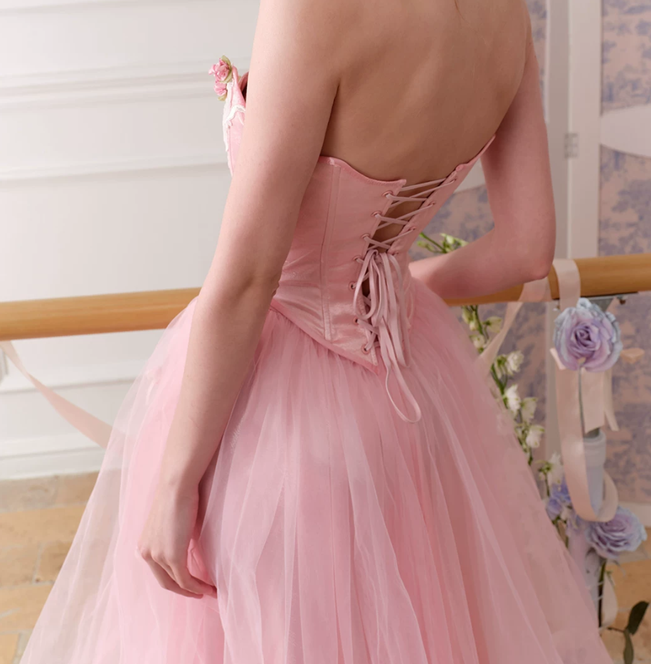 Adorable Strapless Pink Prom Dress Appliqeus Tulle A-Line Evening Dress C8657