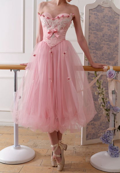 Adorable Strapless Pink Prom Dress Appliqeus Tulle A-Line Evening Dress C8657