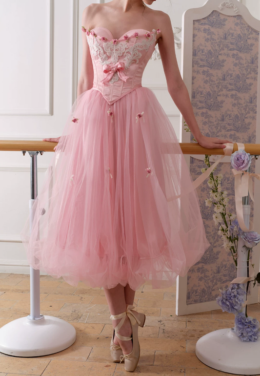 Adorable Strapless Pink Prom Dress Appliqeus Tulle A-Line Evening Dress C8657