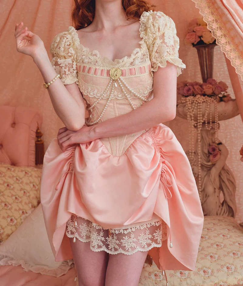 Romantic Short Sleeve Pink Homecoming Dress Short Sleeve Beading Lace A-Line Birthday Dress C8658