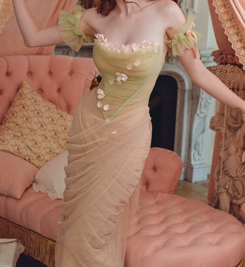 Robe de bal de princesse bustier à volants en satin long, robe de soirée C8117