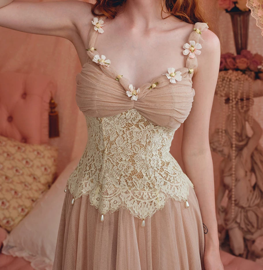 Fascinating Spaghetti Straps Pink Tulle Prom Dress 3D Floral Lace A-Line Evening Dress C8662