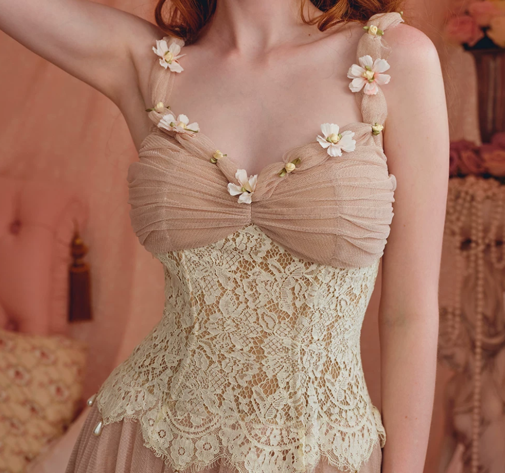 Fascinating Spaghetti Straps Pink Tulle Prom Dress 3D Floral Lace A-Line Evening Dress C8662