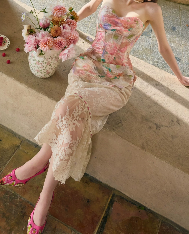 Unique Strapless Pink Prom Dress Floral Lace Sheath Evening Dress C8665