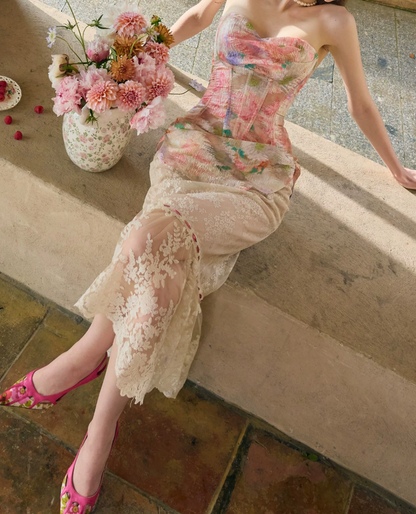 Unique Strapless Pink Prom Dress Floral Lace Sheath Evening Dress C8665