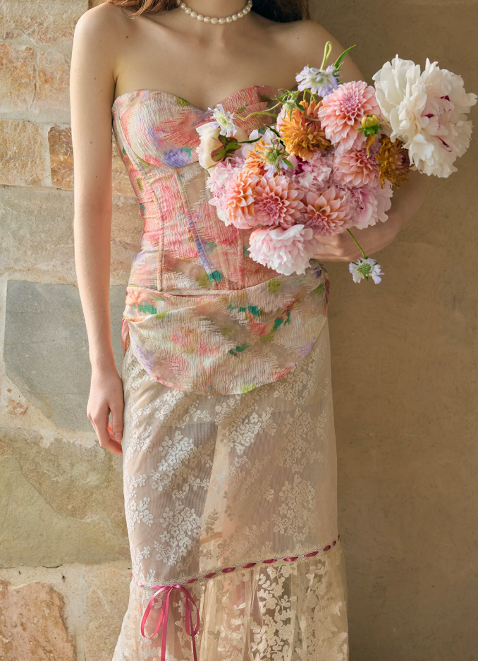 Unique Strapless Pink Prom Dress Floral Lace Sheath Evening Dress C8665