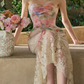 Unique Strapless Pink Prom Dress Floral Lace Sheath Evening Dress C8665