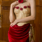 Attractive Strapless Gold & Red Prom Dress 3D Floral Ruched Sheath Evening Dress C8666