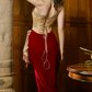 Attractive Strapless Gold & Red Prom Dress 3D Floral Ruched Sheath Evening Dress C8666