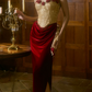 Attractive Strapless Gold & Red Prom Dress 3D Floral Ruched Sheath Evening Dress C8666