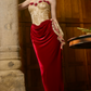 Attractive Strapless Gold & Red Prom Dress 3D Floral Ruched Sheath Evening Dress C8666
