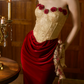 Attractive Strapless Gold & Red Prom Dress 3D Floral Ruched Sheath Evening Dress C8666