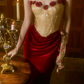 Attractive Strapless Gold & Red Prom Dress 3D Floral Ruched Sheath Evening Dress C8666