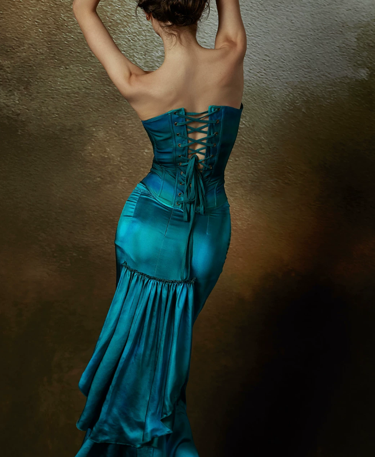 Classical Strapless Teal Prom Dress Satin Sheath Evening Dress C8667