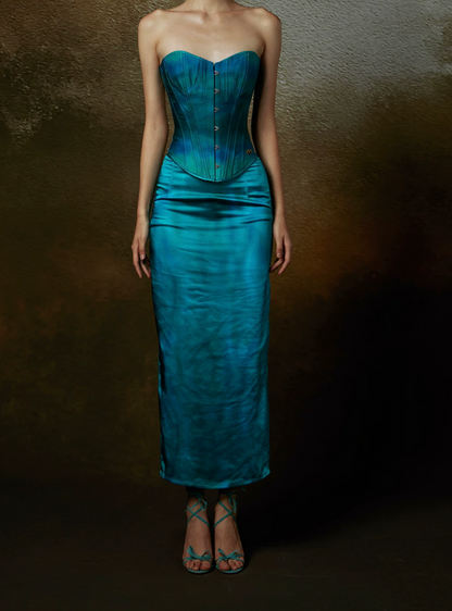 Classical Strapless Teal Prom Dress Satin Sheath Evening Dress C8667