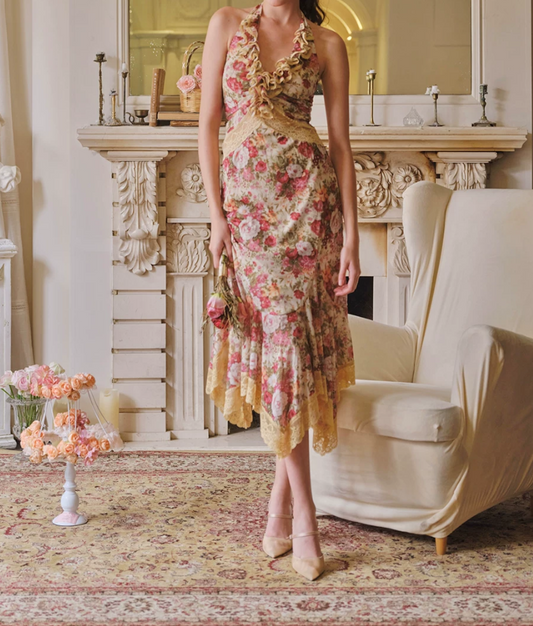 Playful Halter Neck Floral Prom Dress Ruffled Lace Mermaid Evening Dress C8668