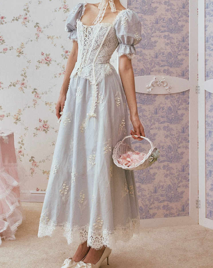 Ornate Short Sleeve Lace Prom Dress Pastel Blue A-Line Evening Dress C8670