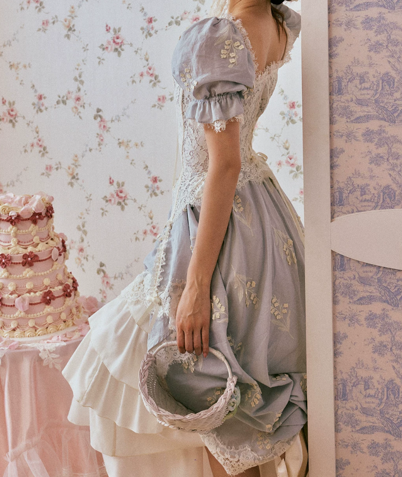 Ornate Short Sleeve Lace Prom Dress Pastel Blue A-Line Evening Dress C8670