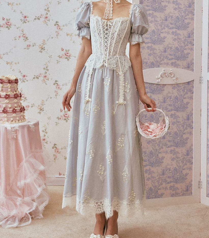Ornate Short Sleeve Lace Prom Dress Pastel Blue A-Line Evening Dress C8670